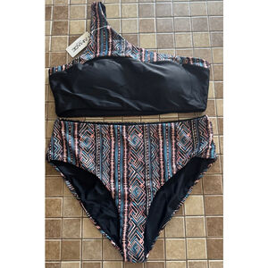 Women's Aimage Bikini Set 2XL Black Multi-color One Shoulder